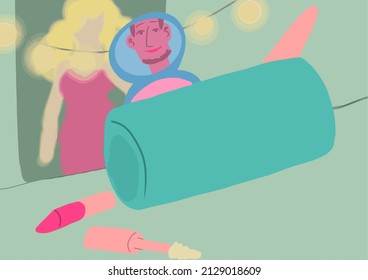 A Vector Of A Man Putting On Makeup In Is Bedroom With Fairy Lights.