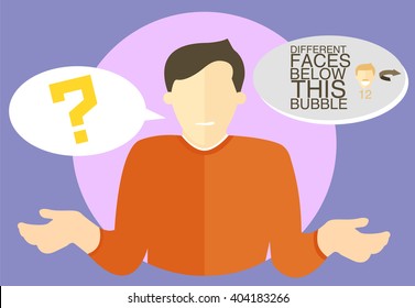 Vector Man With Question Mark. Unsure Character. Doubtful, Choosing Young Man. Flat Vector Sign With Set Of Different Faces. Person Doubts