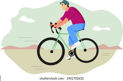
Vector man rides a bicycle. Sports every day. Character vector illustration.
