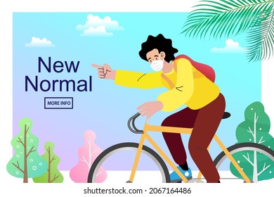 Vector man Riding A Bike Bicycle Wearing Protective Face Mask During Covid-19 Coronavirus Pandemic. people doing activity outside during new normal after pandemic covid-19. Happy traveling.