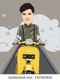 Vector a man riding a motorcyle, he is cool with yellow motorcyle