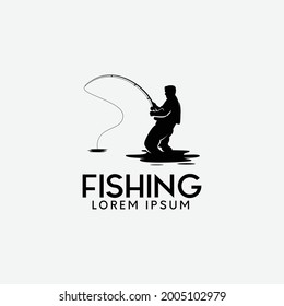 vector man river fishing logo design,silhouette,monochrome logo,fishing logo in white background vector template,emblems icon