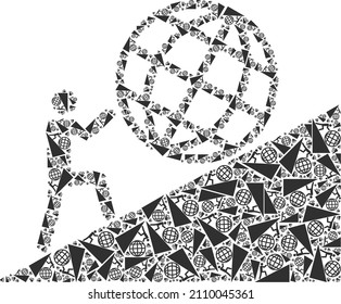 Vector man rolling globe up icon mosaic. Man rolling globe up mosaic is organized of randomized recursive man rolling globe up icons. Recursive collage of man rolling globe up icon.