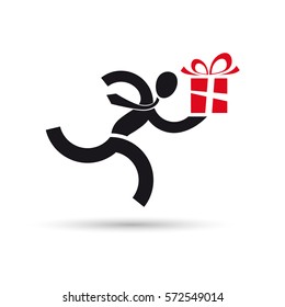 Vector, man run give a gift. parcel delivery, speedy service.