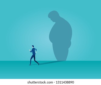 Vector of a man running away from his fat sad shadow on the wall. Body weight control lifestyle modifications concept 