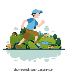 Vector man running in fast pace smiling. Happy male sportsman working out on countryside landscape background. Active young character, healthy lifestyle.