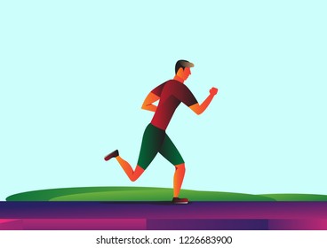 vector of man running in the field with cartoon style illustration, sport background