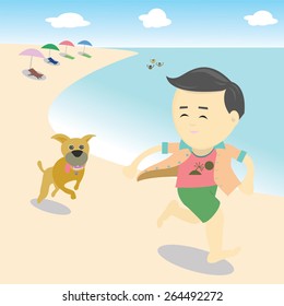 Vector man running on the beach with a dog.