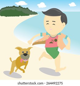 Vector man running on the beach with a dog.