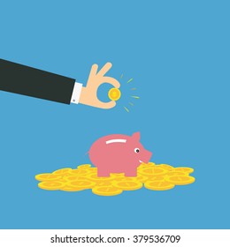 Vector of a man saving his earnings in piggy bank.  Concept savings.