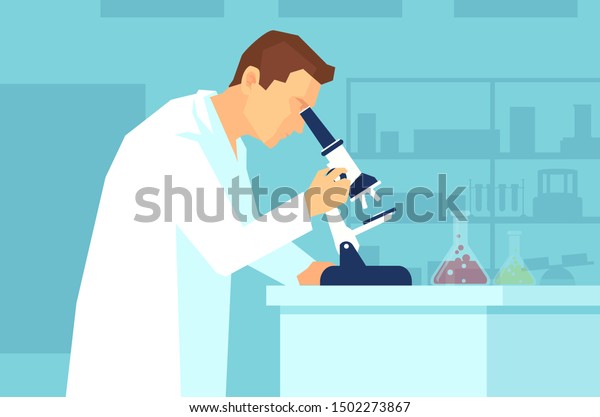 Vector of a man scientist or clinical pathologist\
looking into a microscope with laboratory and equipment background\
