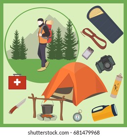 Vector man with set of camping elements. Camping equipment. Tourist. Camper.