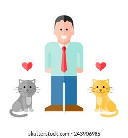 Vector Man in Shirt with Pet Cats