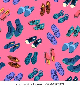 Patrón de zapatos de vectores. Fondo sin costura de diferentes tipos de desgaste de zapatos. de chanclas, zapatillas, botas, sandalias y cocodrilos. Ilustración de calzado para uso doméstico y moccasinas