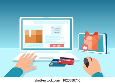 Vector of a man shopping online and and making orders using a laptop computer 