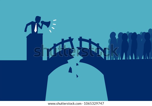 Vector of a man shouting in\
loudspeaker to a crowd on the other side of broken damaged\
bridge
