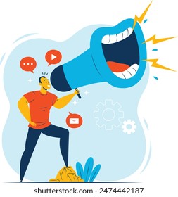 Vector a man shouts a megaphone announcement