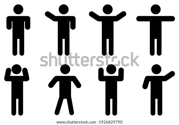 Vector man shows various signs.Man standing set stick\
figure man. Vector illustration, pictograms of various human poses\
on white 