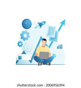 Vector man sits with laptop working in office on launch of new, successful project, profitable start-up, company development strategy, documents, analysis of charts. Rocket flies up, gears, arrow.