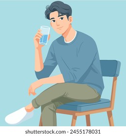 Vector a man sits on a chair with a glass of water