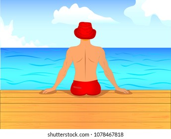 Vector of man sitting its back on wooden pier on the sea shore under horizon.