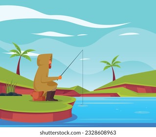 Vector man sitting fishing in lake