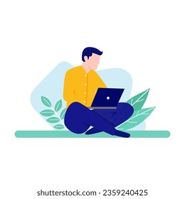Vector man sitting using laptop in park. Very suitable for representing business people, workers, students, and others.