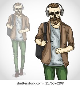 Vector man with skull and beard, moustaches