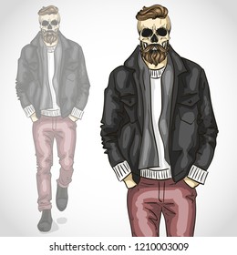 Vector man with skull and beard, moustaches wearing jeans