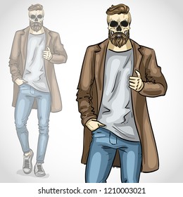 Vector man with skull and beard, moustaches, wearing coat