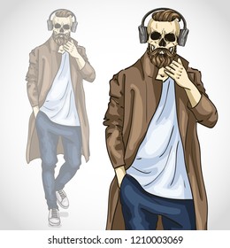 Vector man with skull and beard, moustaches, wearing long jacket and headphones