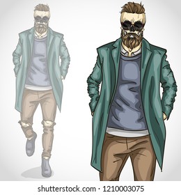 Vector man with skull and beard, moustaches, wearing jacket and sunglasses