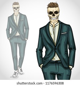 Vector man with skull with hairstyle, wearing suit