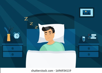 Vector Man Is Sleeping In Bedroom. Top View On Boy Sleep In Bed. Concept Of Flat Illustration In Cartoon Style