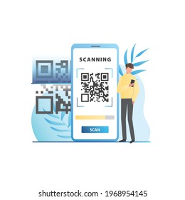 Vector man with smartphone camera scans QR code in online application, program, website on Internet. Banking services payment through identification, informational image. Code on phone screen.