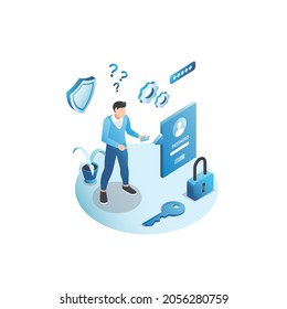 Vector man in smartphone enters login, password to protect data, personal information on Internet with padlock, shield, gears in isometric view. Guy forgot code, access key for entering account.