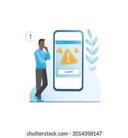 Vektor-Mann in Smartphone hat Sicherheitssystemform auf dem Bildschirm mit Warnung über Alarm, Viren, Fehler. Begrüßen Sie mit Ausrufezeichen im Internet auf der Website, Seite. Warnung vor Gefahr im Fenster.
