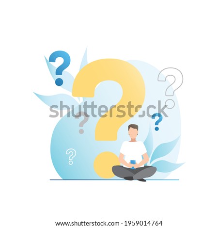 Vector man with smartphone sits with question marks. Guy thought about it. Many problems. Awkward situation. FREQUENTLY ASKED QUESTIONS on Internet. Online support service, hotline. FAQ.