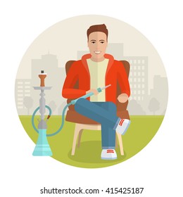 Vector man smoking hookah. Smoking cartoon man sitting in an armchair on flat city background. Retro flat design illustration