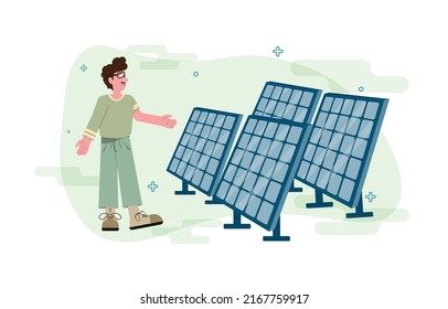 Vector Man And Solar Panels. Clean Energy Concept. Sustainable Economic Growth With Renewable Energy And Natural Resources. Environmental Protection Illustration.