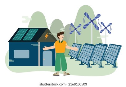 Vector man and solar panels and wind turbines to generate electricity. Clean energy concept. house with renewable energy and natural resources. Environmental protection illustration.