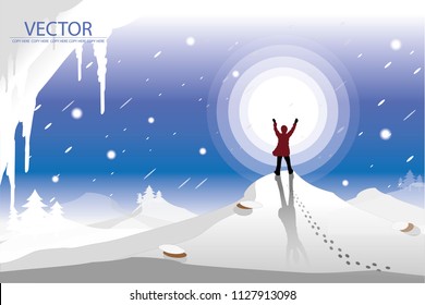 vector man stand on snow mountain