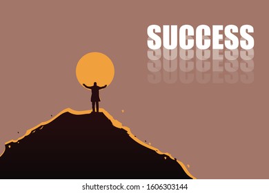 vector man standing on the mountain and raise hand for hug the sun