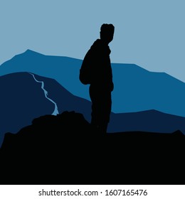 Vector of a man standing on a mountain peak