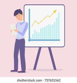 Vector. A man stands at the stand. Presentation of the project. Stand with diagram.