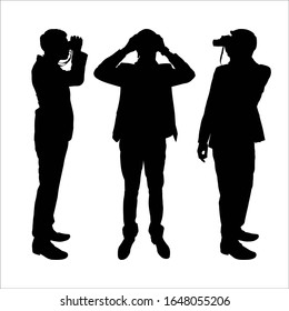 Vector man stands in various poses. Ornithologist. Observation of what is happening. Birdman. Set of silhouettes of men with binoculars in their hands. Businessman through binoculars looks up and down