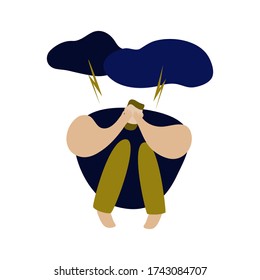 hombre vector estresado en depresión. problemas psicológicos emocionales. sensación de truenos. ilustración de carácter moderno
