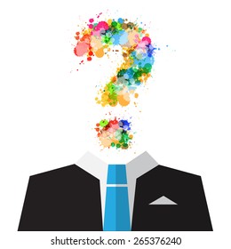Vector Man in Suit with Colorful Splashes Question Mark Symbol Instead of Head Isolated on White Background