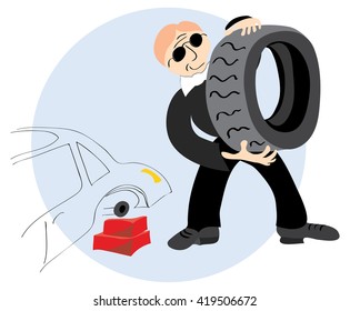 vector man in a suit holding a bus agent from the machine/for tire fitting agent