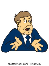 vector of man in suit, shrugging with hands up to say, "I don't know."